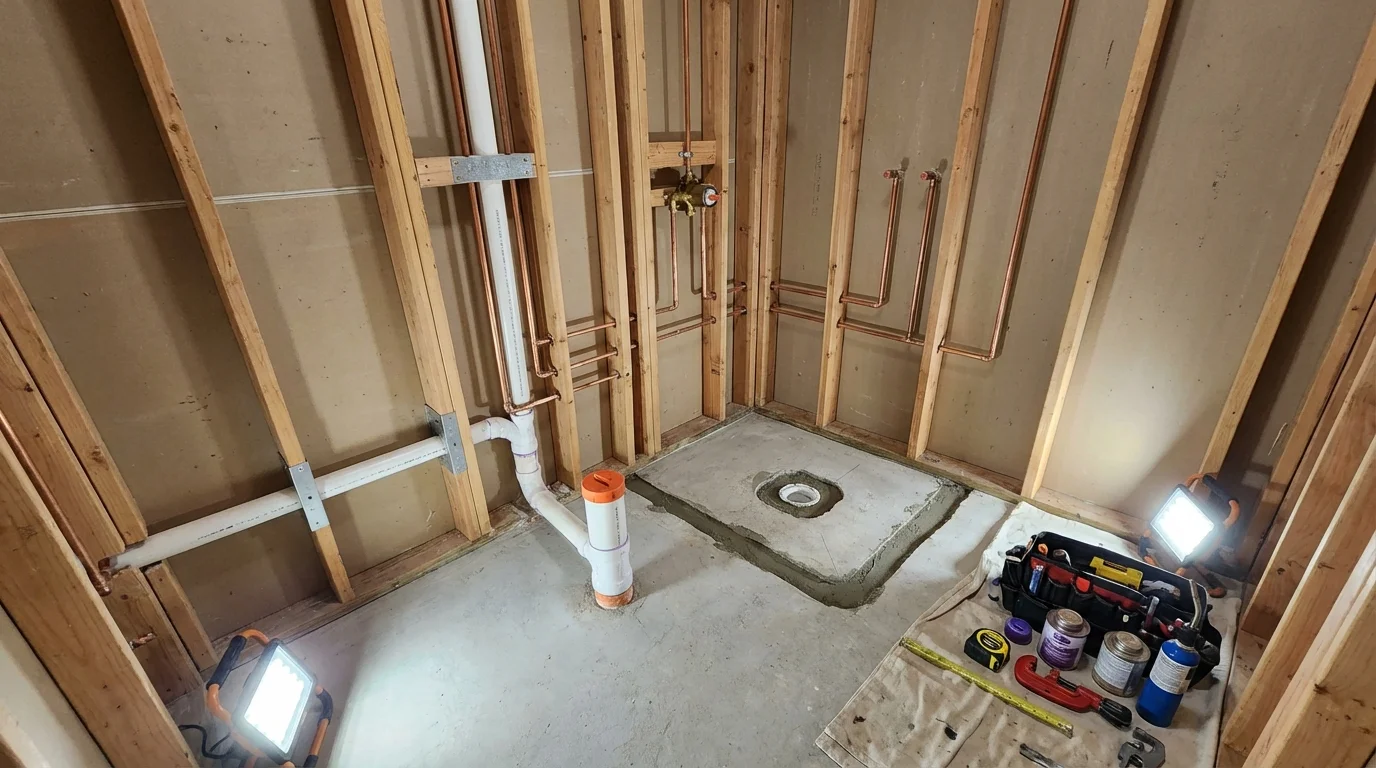 Bathroom rough-in plumbing during remodel by Johns Plumbing LLC in Portola
