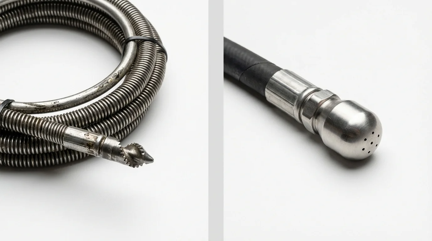 Drain snake cable and hydro jetting nozzle used for drain cleaning in Portola, CA