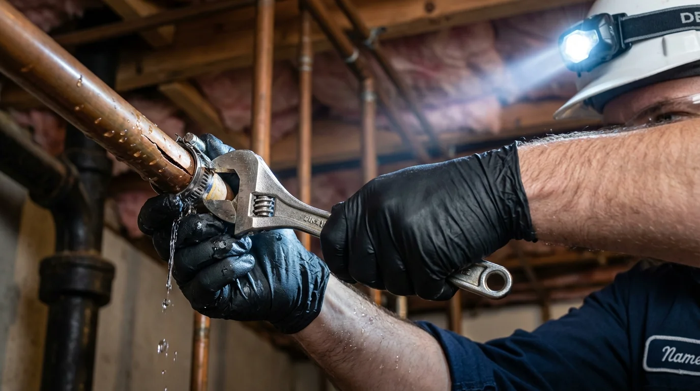 Emergency pipe clamp repair being performed by a Johns Plumbing LLC plumber in Portola