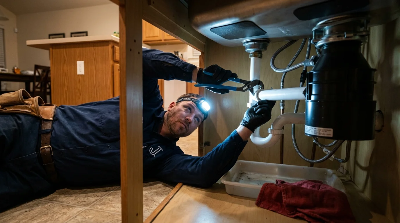 P-trap and supply line connections under a kitchen sink showing a common leak point in Portola, CA